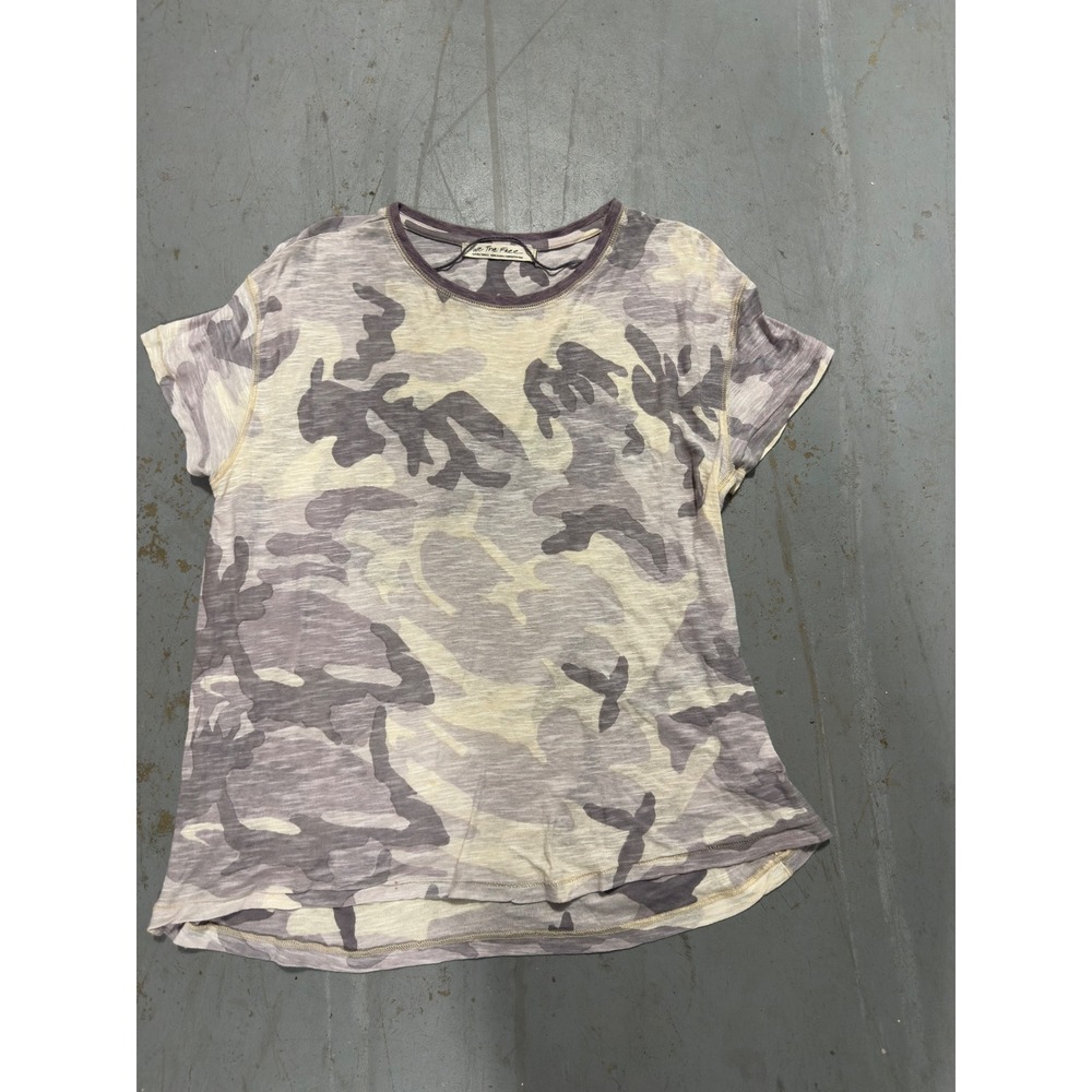 We The Free People Camo Slub Knit T-Shirt Purple Cream XS Relaxed Fit